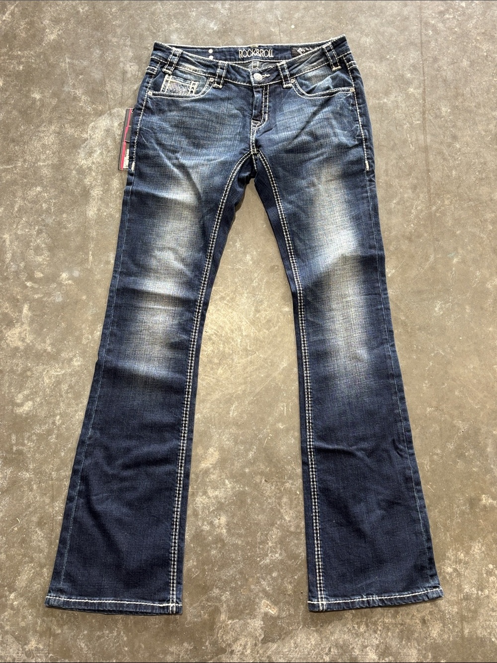 Rock and Roll Cowgirl Rival Low Rise Dark Wash Cotton Blend Bootcut Size 30 X 36